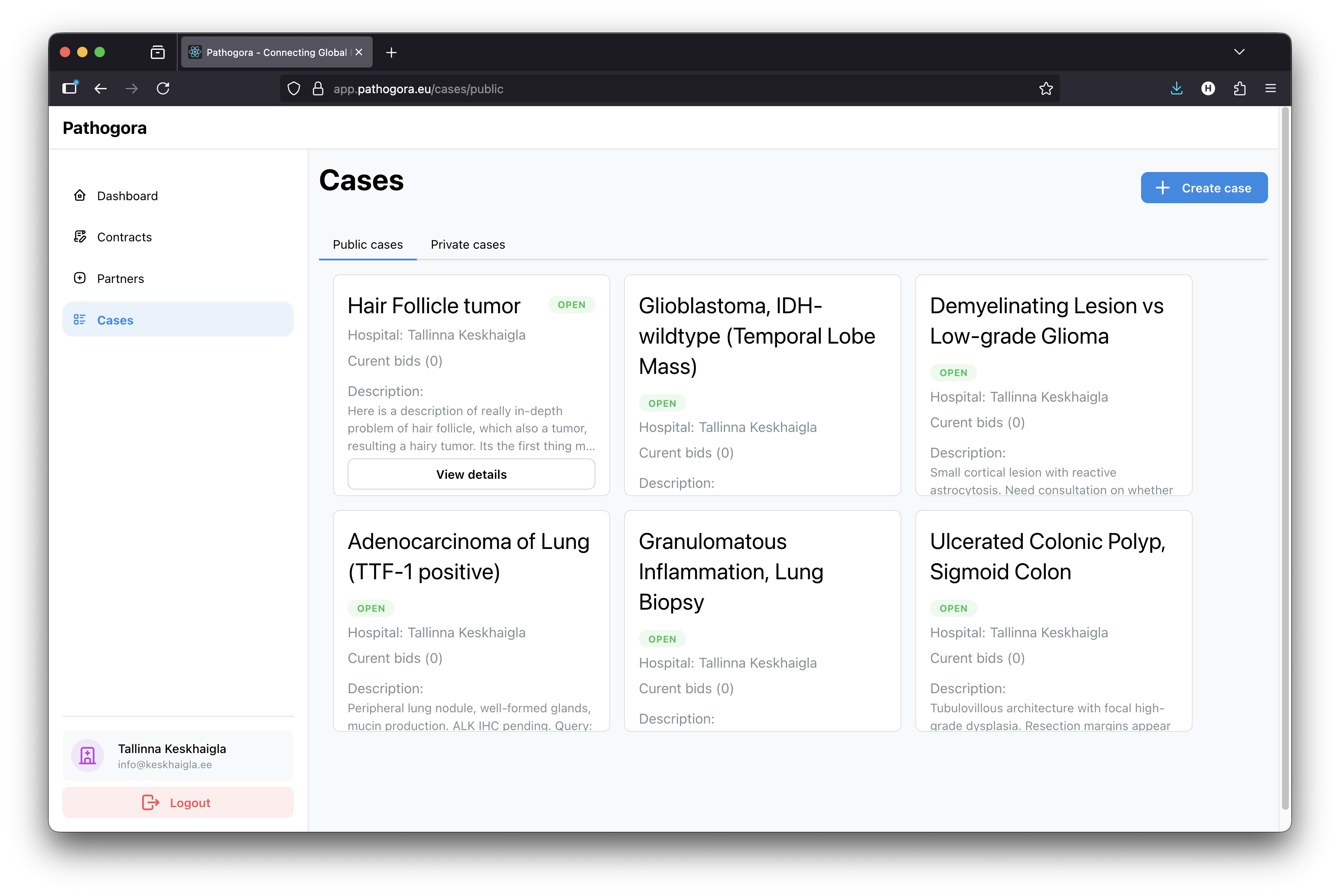 Platform interface showing cases dashboard